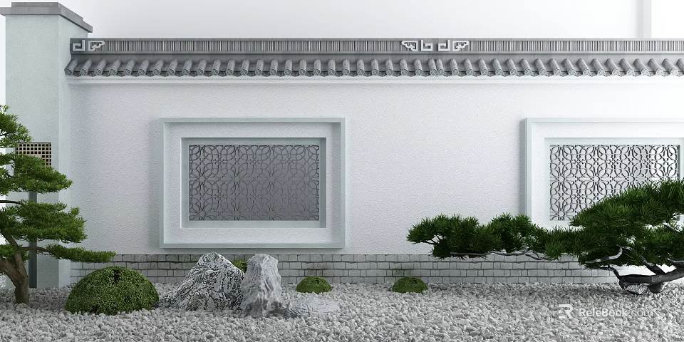 Garden Ornaments With White Walls Gray Tiled Roof Lattice Windows Stone Elements And Green Shrubs 3d model 