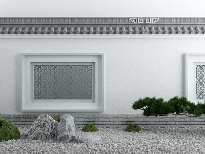 Garden Ornaments With White Walls Gray Tiled Roof Lattice Windows Stone Elements And Green Shrubs 3d model