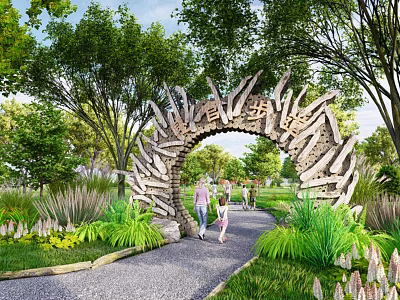 Road Facility With Arched Gate Stone Path Greenery Trees And People Walking 3d model