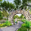 Road Facility With Arched Gate Stone Path Greenery Trees And People Walking