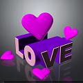 3D LOVE Letters With Pink Hearts On Purple Cubes Shiny Reflective Surface