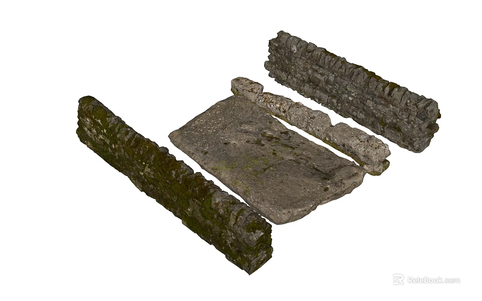 Natural Rustic Stone Wood Slabs And Walls With Moss Covered Surface 3d model 