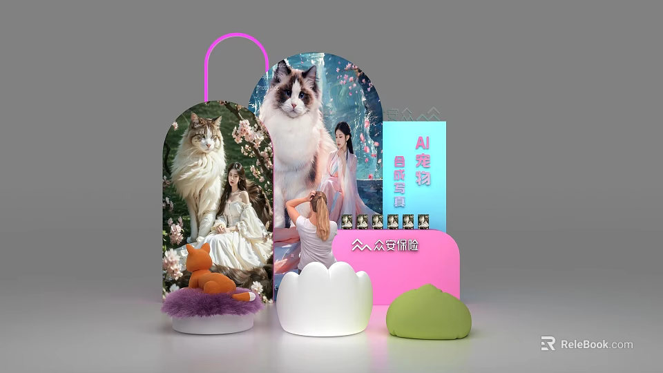 Display Cabinet Featuring Cat Images Female Figures And AI Painting Elements With Colorful Bases 3d model 