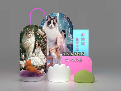 Display Cabinet Featuring Cat Images Female Figures And AI Painting Elements With Colorful Bases 3d model