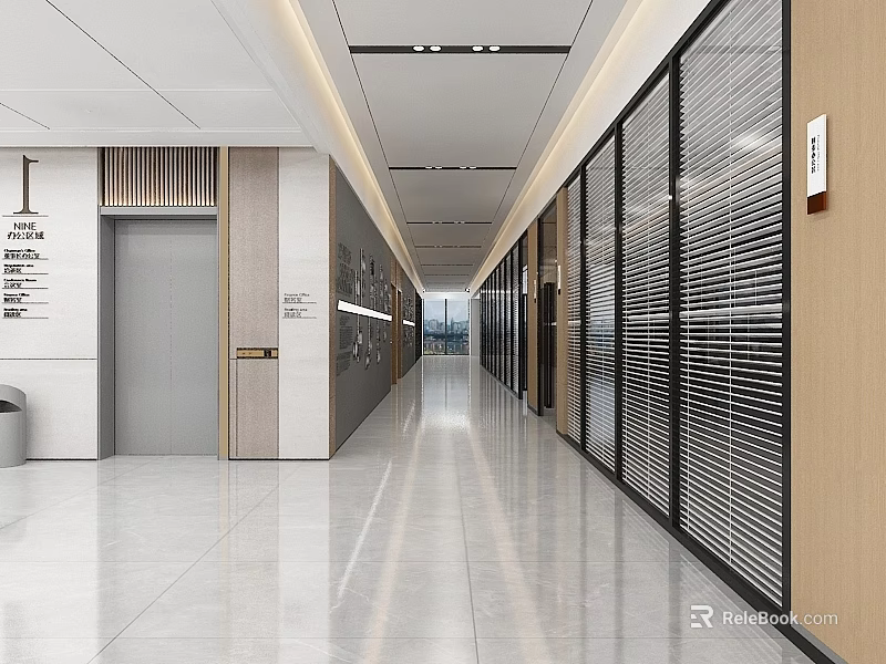 Modern Office Corridor Design With Glass Partitions Elevator Doors And Polished Floor 3d model 