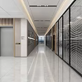 Modern Office Corridor Design With Glass Partitions Elevator Doors And Polished Floor