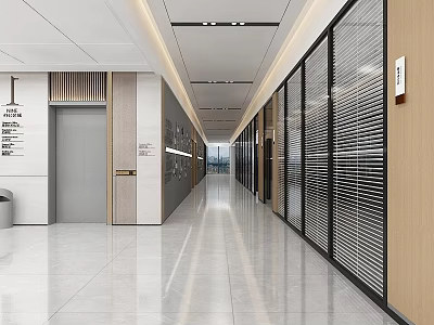 Modern Office Corridor Design With Glass Partitions Elevator Doors And Polished Floor 3d model