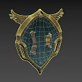Ornate Weapon Badge With Golden Frame Detailed Lion Head Green Gemstones And Decorative Wings