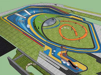 Kids Playground Design With Colorful Slides Circular Track Lawn Area And Climbing Structures 3d model