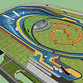 Kids Playground Design With Colorful Slides Circular Track Lawn Area And Climbing Structures