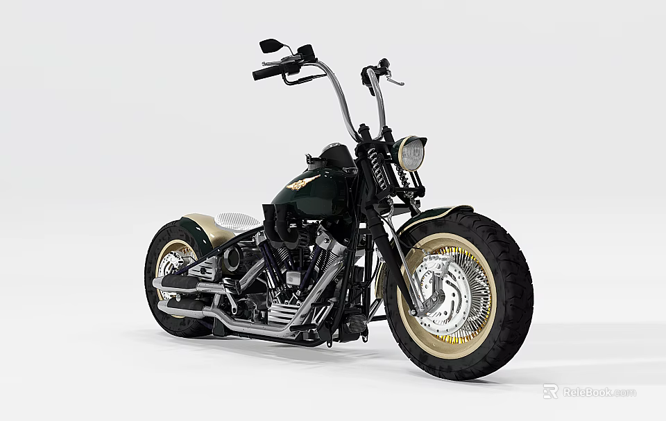Classic Green Custom Chopper Motorcycle With White Leather Seat And Gold Spoke Wheels 3d model 
