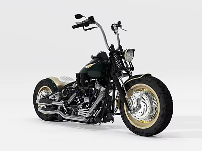 Classic Green Custom Chopper Motorcycle With White Leather Seat And Gold Spoke Wheels 3d model
