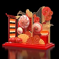 Traditional Chinese Festival Decoration With Red Lanterns Fans Drum And Golden Frame