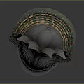 Ancient Warrior Helmet As Traditional Weapon With Metallic Leaf Patterns And Orange Cord