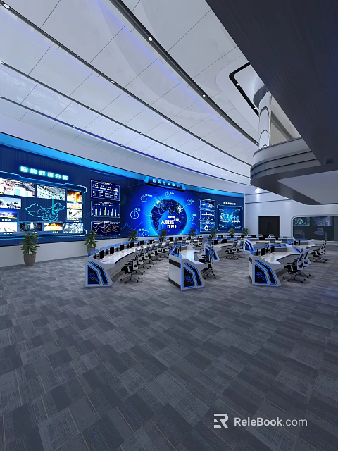 Modern Control Room with Large Digital Screens Data Displays and Monitoring Consoles 3d model 