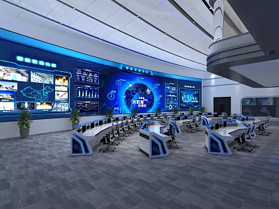 Modern Control Room with Large Digital Screens Data Displays and Monitoring Consoles 3d model