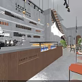 Modern Coffee Dessert Shop Interior Design With Wooden Stairs Sofa Tables And Plants