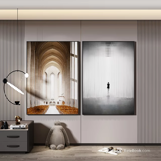 Modern Room Interior With Two Paintings Arch Architecture And Figure Decor 3d model