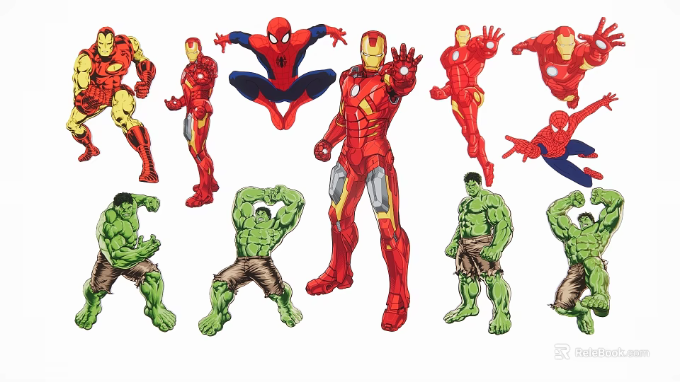 Colorful Superhero Silhouettes Featuring Iron Man Spider Man And Hulk Designs 3d model 
