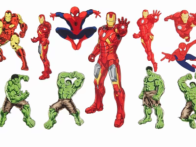Colorful Superhero Silhouettes Featuring Iron Man Spider Man And Hulk Designs 3d model