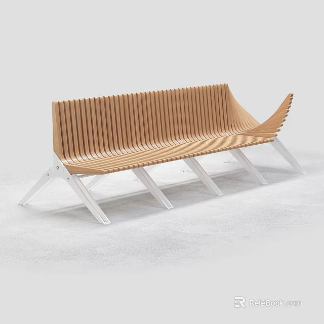 Public Bench with Wooden Slatted Seat and White Metal Legs in Modern Contemporary Design 3d model 