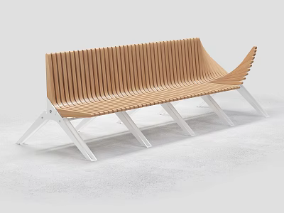 Public Bench with Wooden Slatted Seat and White Metal Legs in Modern Contemporary Design 3d model