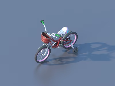 Red Children's Bicycle with Pink Tires and Red Basket and Training Wheels 3d model