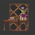 Wooden Stool With Diamond Lattice Backrest And Stacked Books Flower Vase Boxes Candle