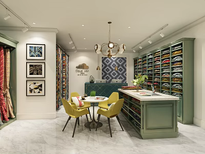 Stylish Clothing Store Interior With Green Cabinets Yellow Chairs And Decorative Paintings 3d model