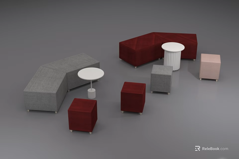 Modern Sofa and Coffee Table Set with Gray Red Upholstery Round Tables and Stools 3d model