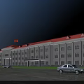 Office Building With Red Roof Light Colored Facade Parking Lot And Flag Under Blue Sky