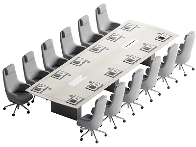 Rectangular Office Conference Table With Grey Rolling Chairs And Documents On Top 3d model