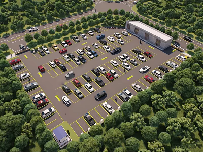 Aerial View of Parking Lot with Many Cars Surrounded by Green Trees and Building 3d model