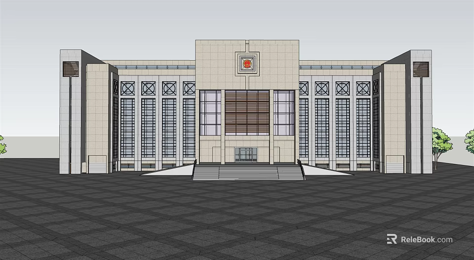 Beige Exterior Office Building With Symmetrical Design Large Windows Front Emblem And Plaza 3d model 