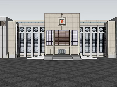 Beige Exterior Office Building With Symmetrical Design Large Windows Front Emblem And Plaza 3d model