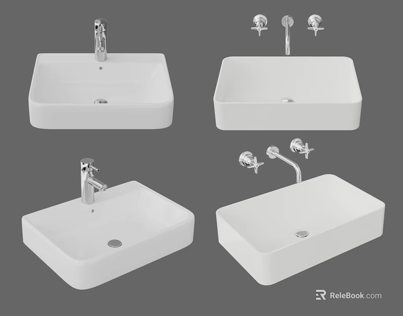 Modern White Ceramic Bathroom Sinks With Various Faucet Designs And Styles 3d model 