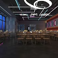 Modern Restaurant Interior With Bar Counter Wine Racks Purple Lighting And Bar Stools