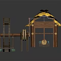 Traditional Cottage Architecture Featuring Straw Roof Wooden Structure Water Wheel And Stone Brick Base
