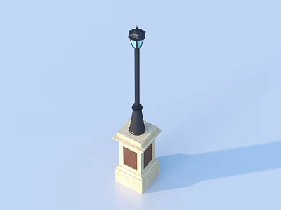 Outdoor Street Light With Black Metal Pole And Beige Stone Base Glass Shade Design 3d model