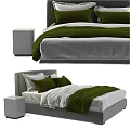Gray Upholstered Double Bed With Green Comforter White Sheets And Nightstand 3d model