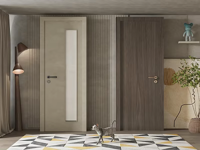 Modern Interior With Light Gray And Dark Wooden Swing Doors Floor Lamp Cat And Rug 3d model