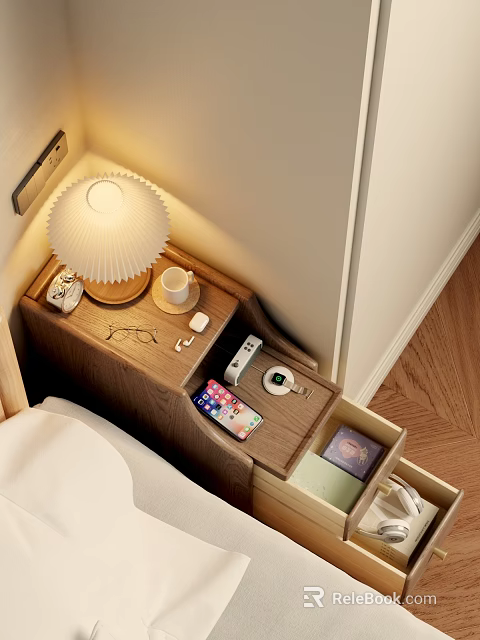 Wooden Bedside Table with Table Lamp Mug Glasses Phone and Open Drawer Storage 3d model 