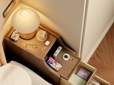 Wooden Bedside Table with Table Lamp Mug Glasses Phone and Open Drawer Storage 3d model