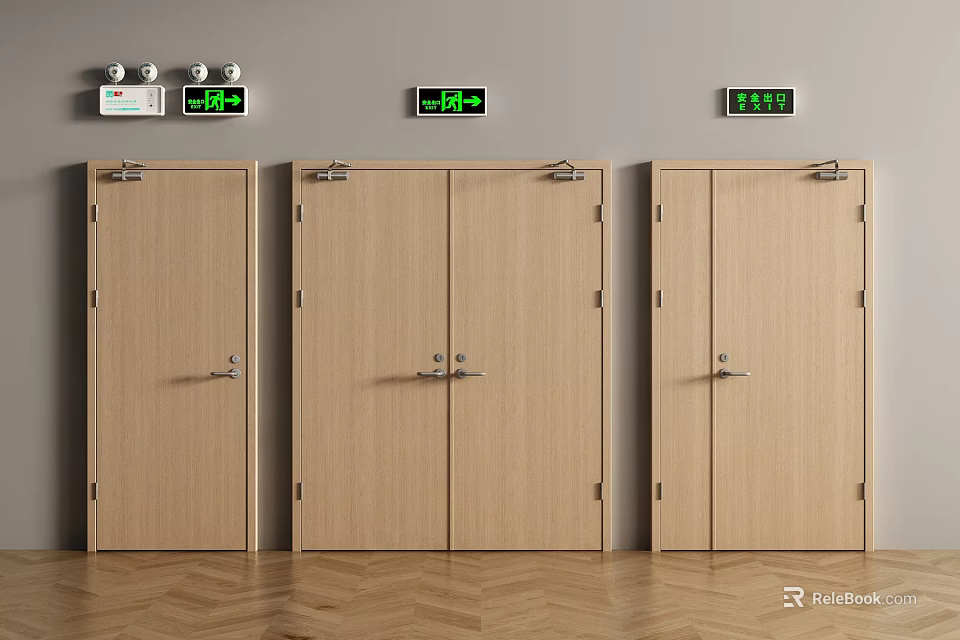 Wooden Double Doors With Metal Handles In Interior Setting With Gray Walls And Digital Displays 3d model 