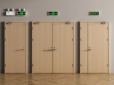 Wooden Double Doors With Metal Handles In Interior Setting With Gray Walls And Digital Displays 3d model