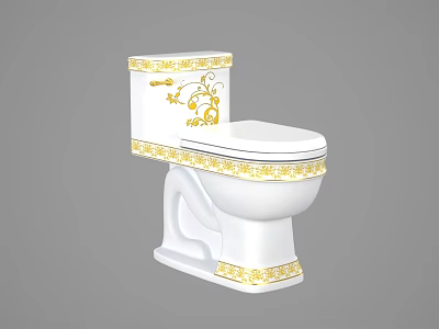 Elegant White Toilet With Gold Floral Patterns On Tank And Rim Classic Design 3d model