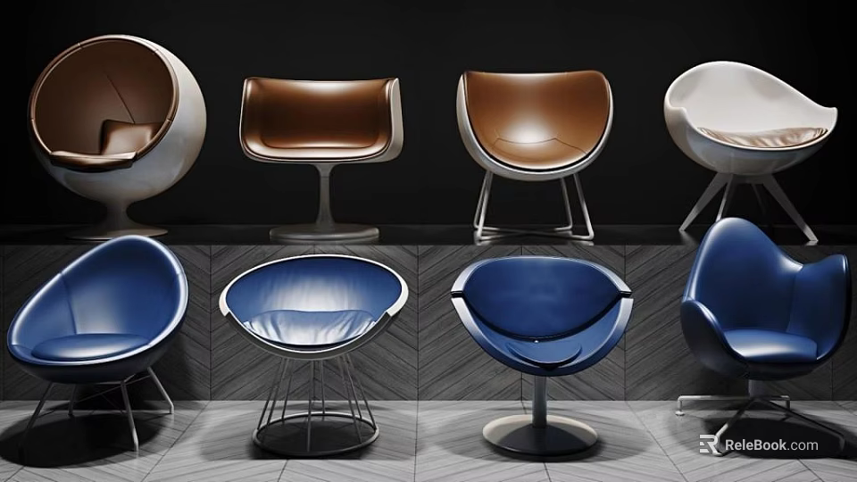 Modern Leather Accent Chairs in Brown Blue White with Metal Legs Round Base 3d model 