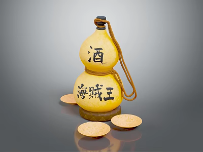 Yellow Gourd Shaped Wine Bottle With One Piece Characters And Small Wine Cups 3d model