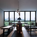 Modern Tea Room Interior With Large Windows Long Wooden Table Green Chairs And Pendant Lights
