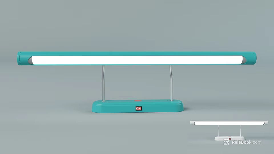 Light Blue Desk Lamp With Silver Stands White Bar And Red Logo On Base 3d model 